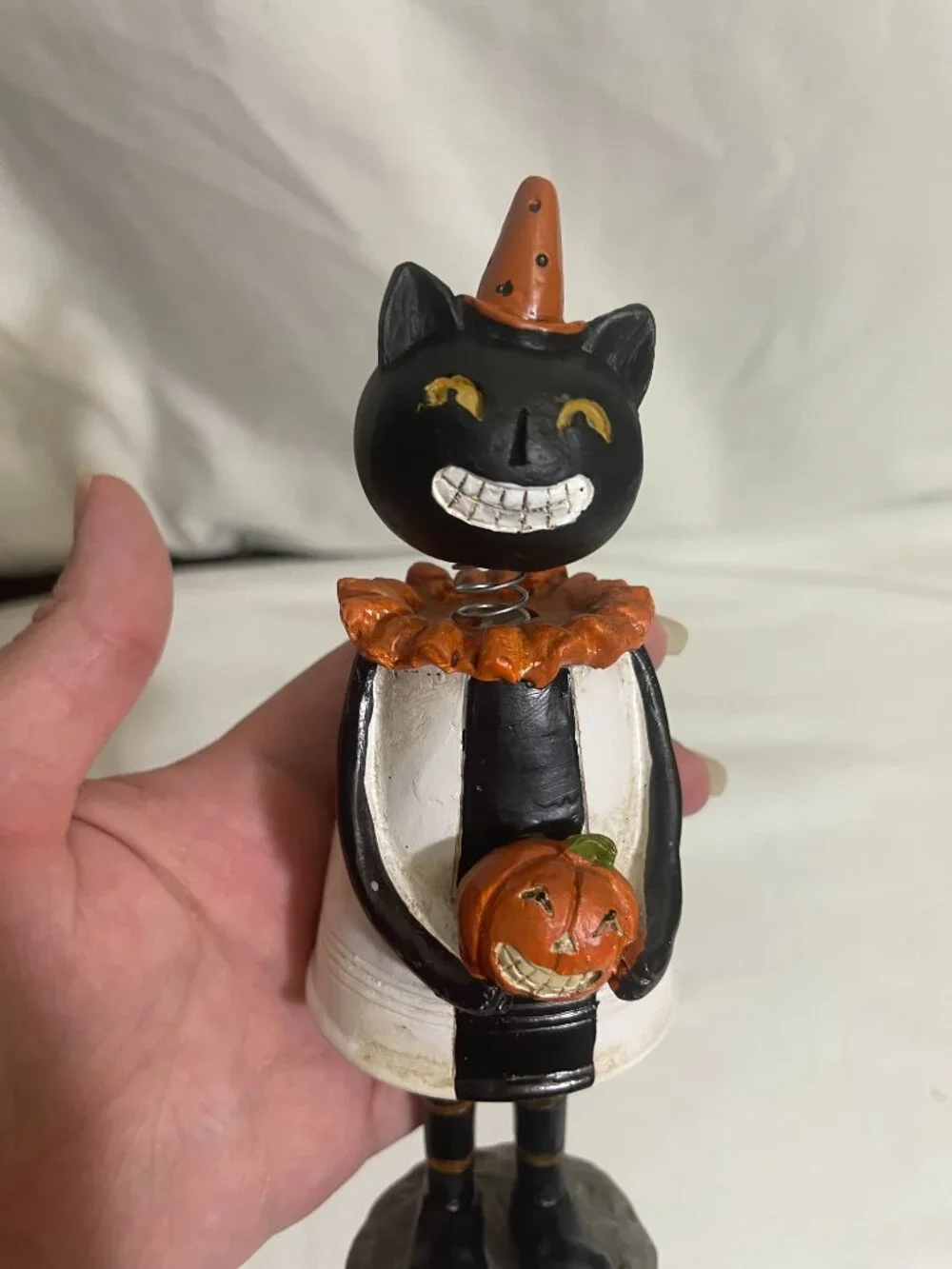 Vintage Halloween Black Cat Bobble Head Figurine Jack O Lantern 7.5